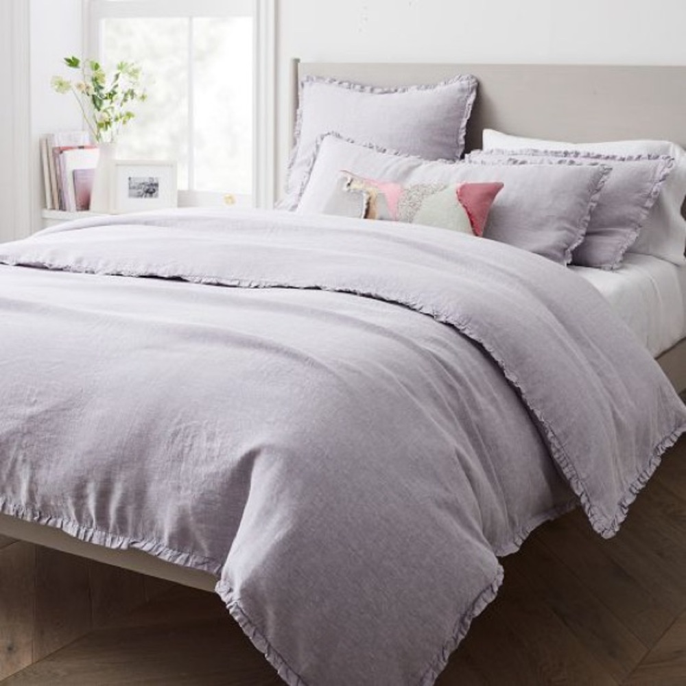 European Flax Linen Ruffle Full/Queen Duvet, Lilac Melange